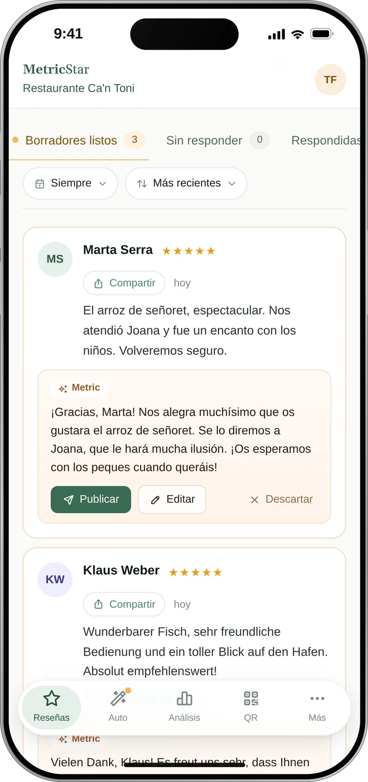 Pantalla de reseñas de MetricStar en el móvil