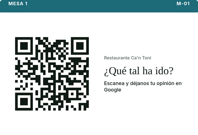 Tarjeta de mesa con el QR para dejar una reseña